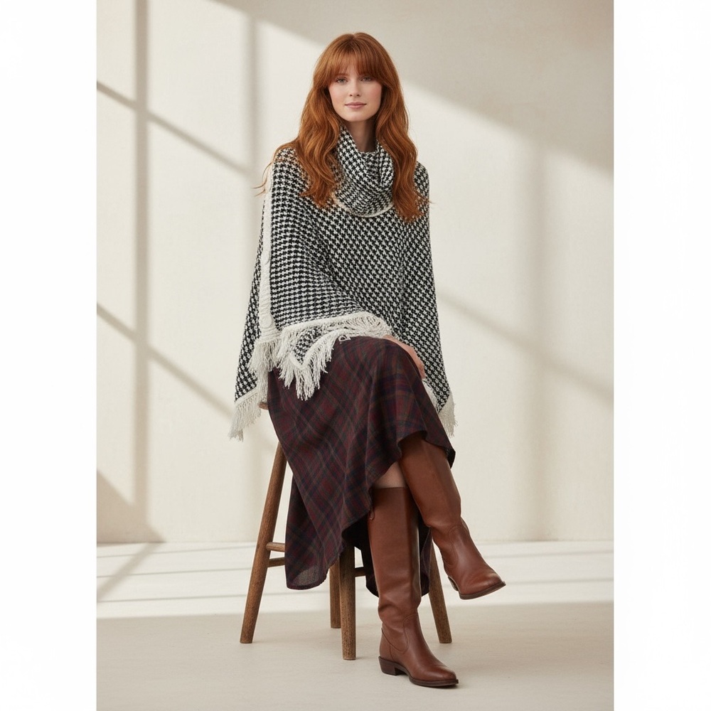 Majora Fringed Poncho Cape Black White Size XL